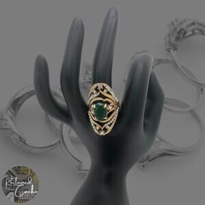 Gold and Green Rhinestone Statement Ring - Size 9